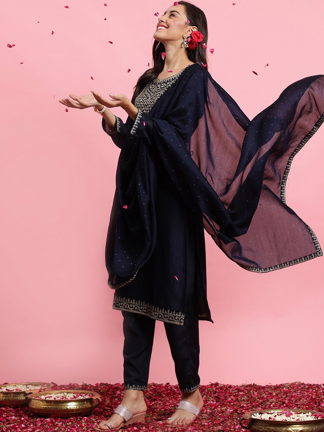 

Indo Era Floral Yoke Design Thread Work Straight Kurta & Trouser With Dupatta, Navy blue