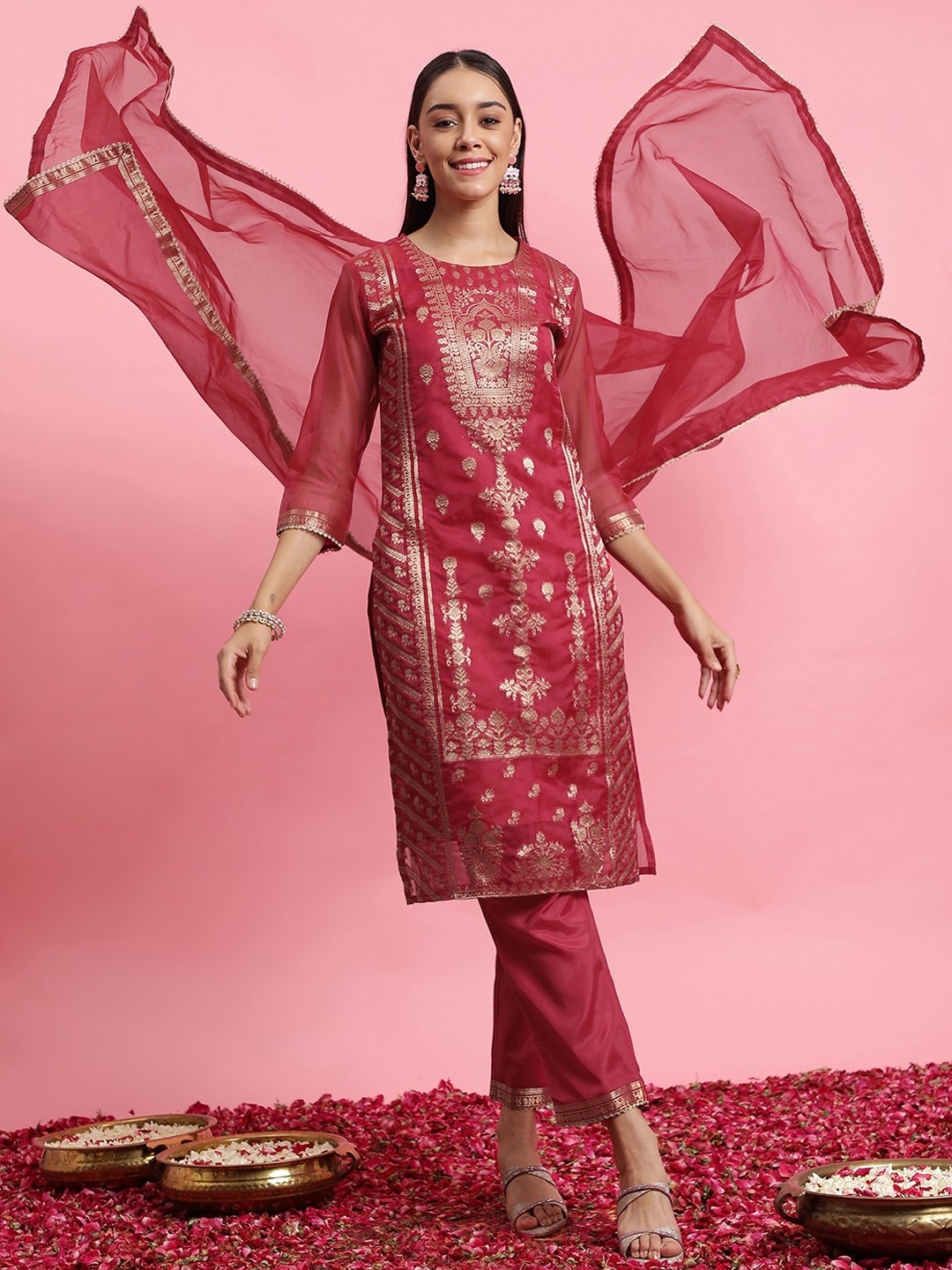 

Indo Era Ethnic Motif Woven Design Regular Kurta With Trousers & Dupatta, Pink