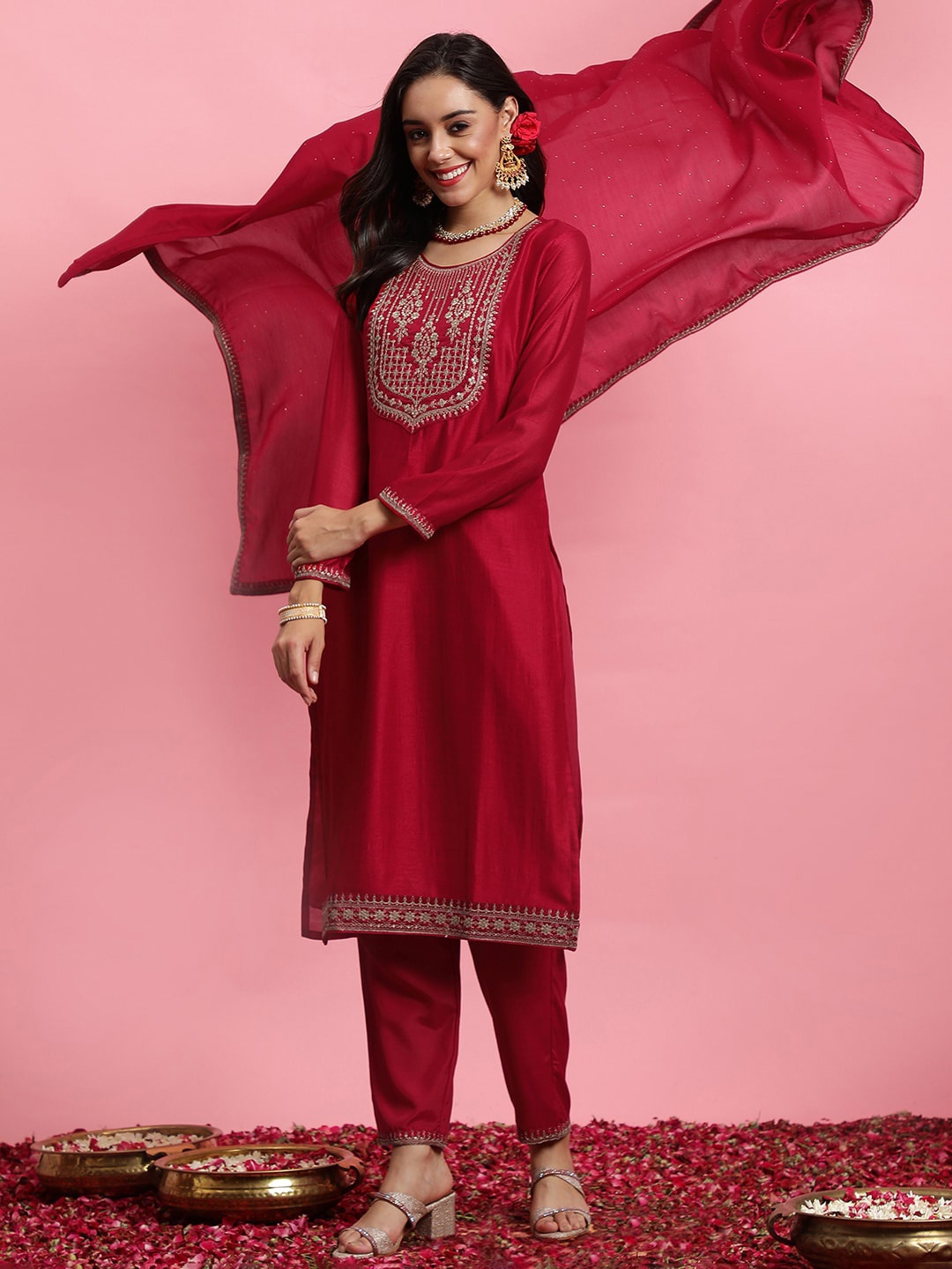 

Indo Era Embroidered Straight Kurta with Trousers & Dupatta, Red