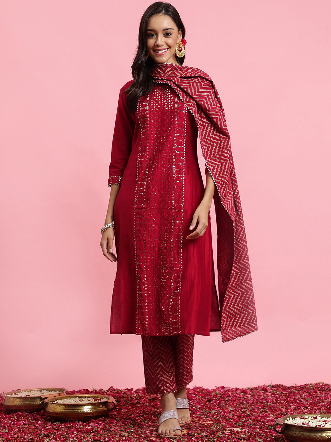 

Indo Era Geometric Embroidered Sequinned Straight Kurta & Trouser With Dupatta, Red