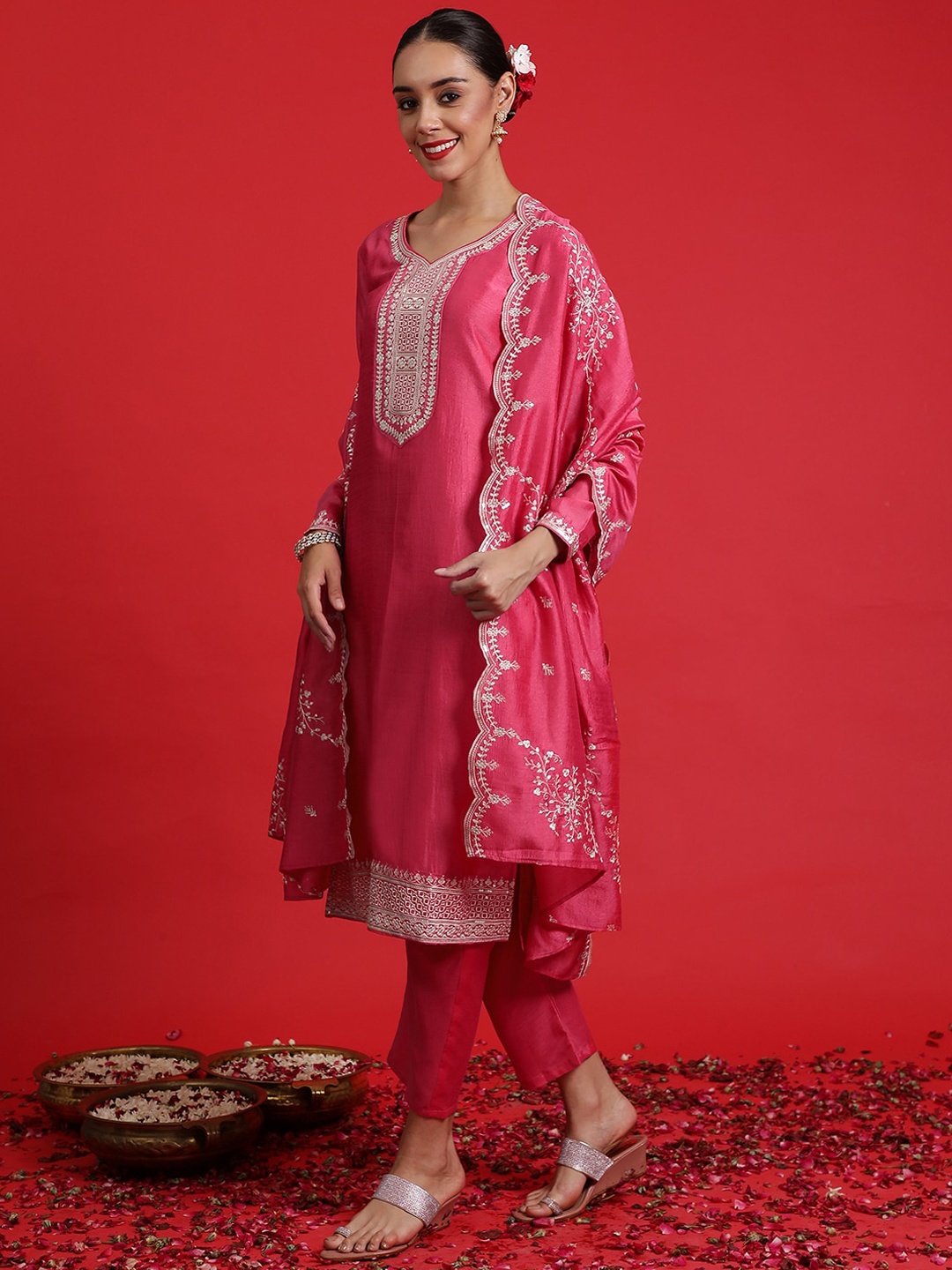 

Indo Era Floral Yoke Design Thread Work Straight Kurta & Trouser With Dupatta, Pink