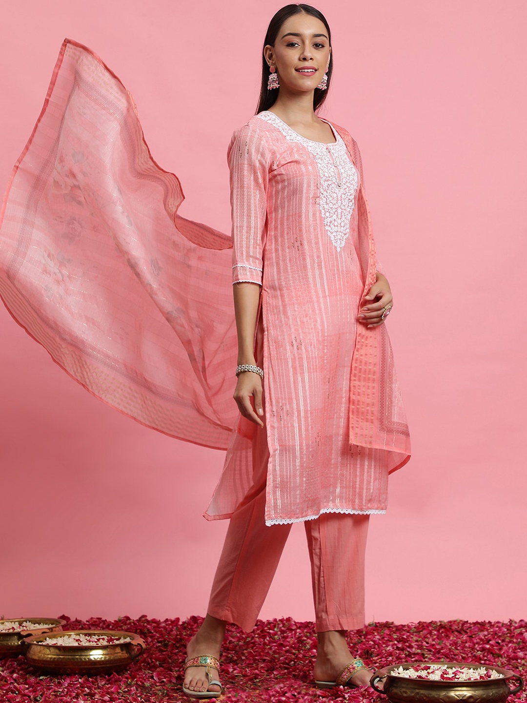 

Indo Era Floral Embroidered Linen Straight Kurta With Trousers & Dupatta, Peach