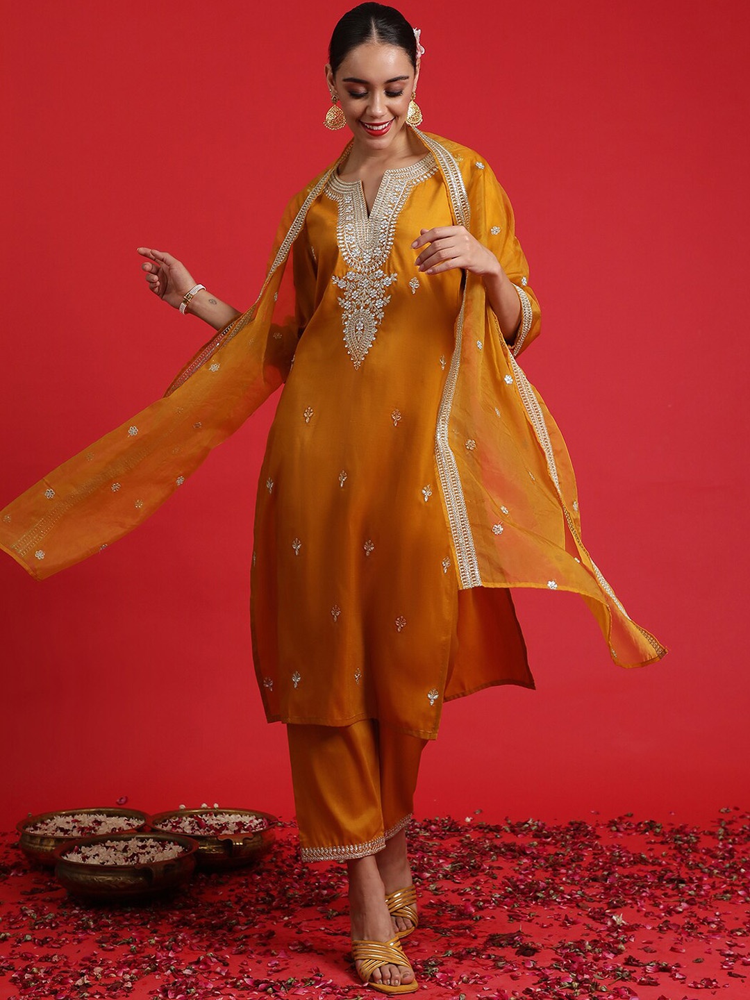 

Indo Era Ethnic Motifs Embroidered Sequinned Straight Kurta & Trousers With Dupatta, Mustard