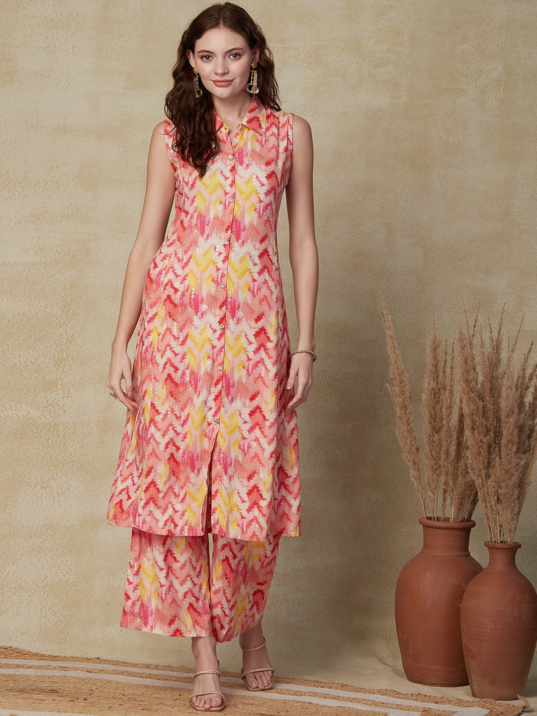 

FASHOR Abstract Foil Printed Shirt Collar A-Line Kurta With Palazzos, Peach