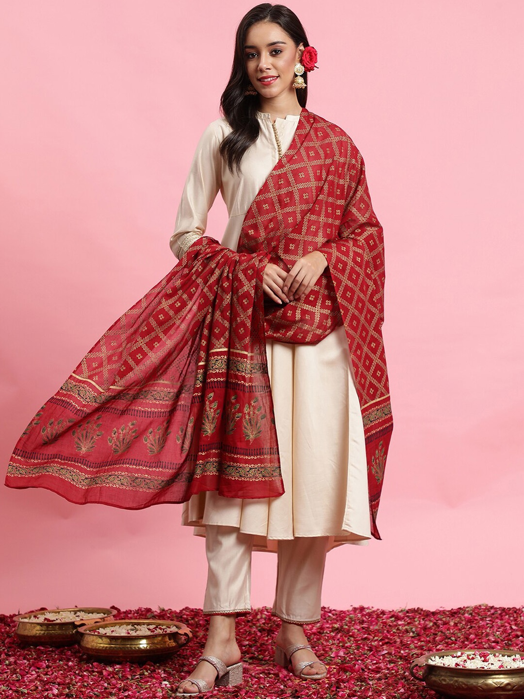 

Indo Era Empire Liva A-Line Kurta with Trousers & With Dupatta, Off white
