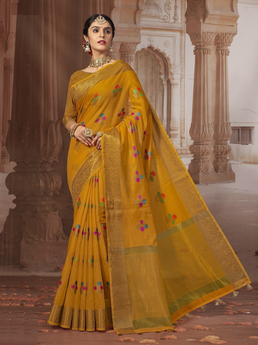 

GAJARAI Mustard & Green Woven Design Zari Chanderi Saree