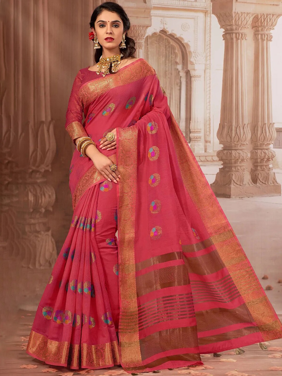 

GAJARAI Woven Design Zari Chanderi Saree, Pink