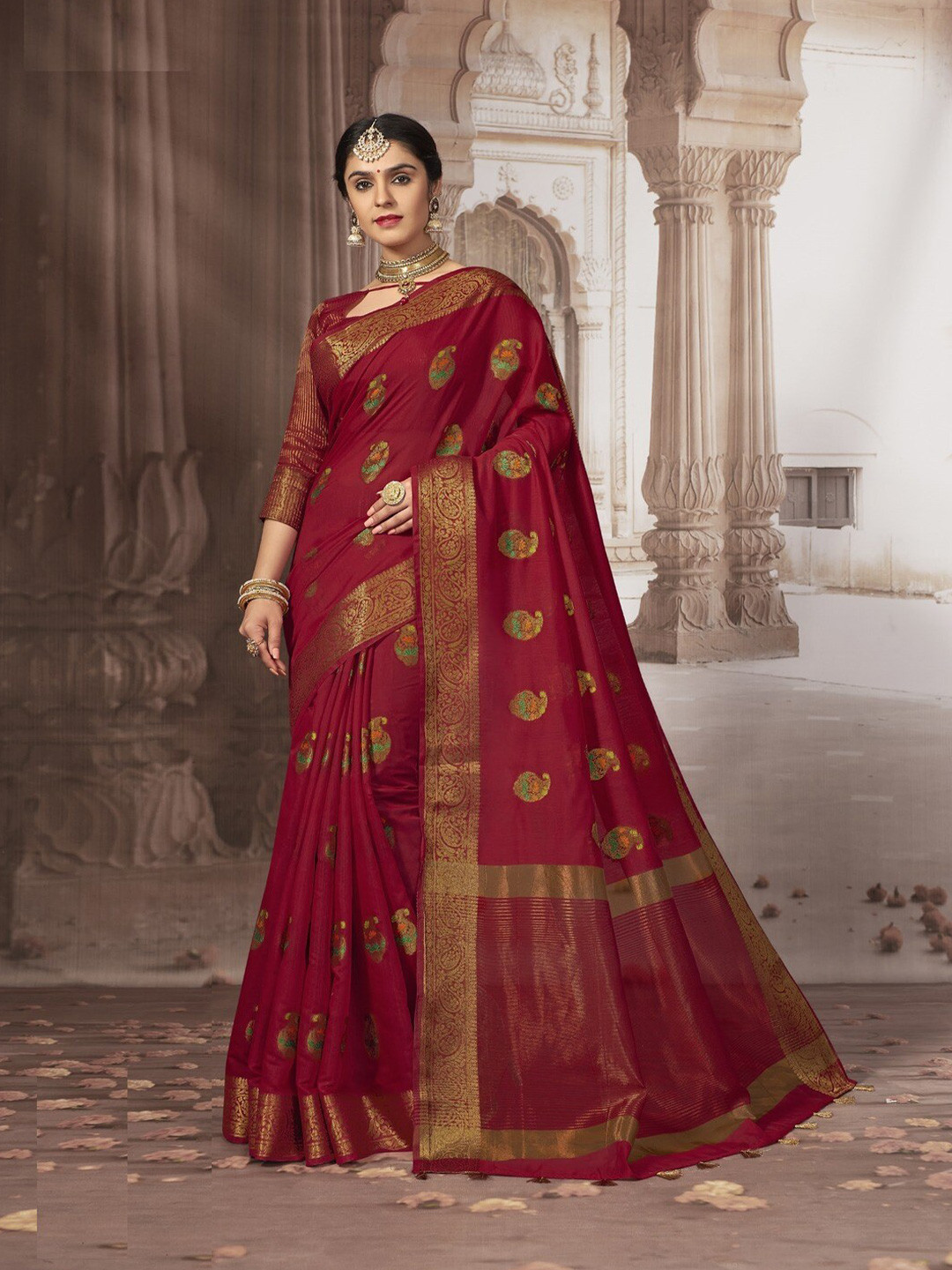 

GAJARAI Floral Zari Chanderi Saree, Red