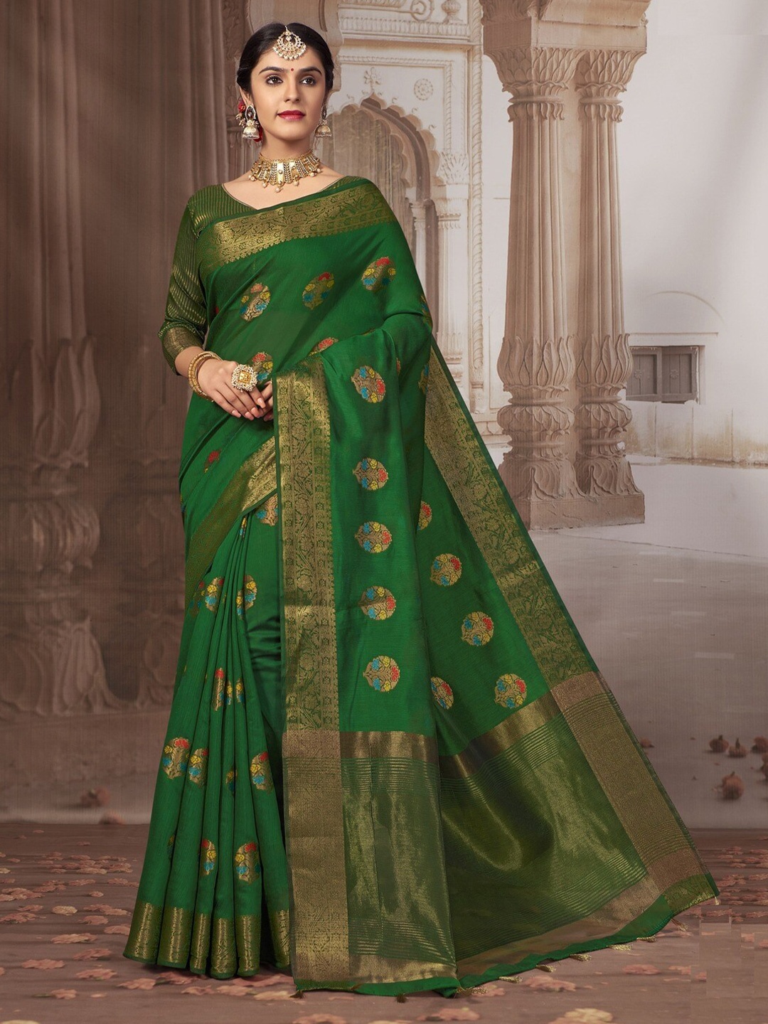 

GAJARAI Woven Design Zari Chanderi Saree, Green