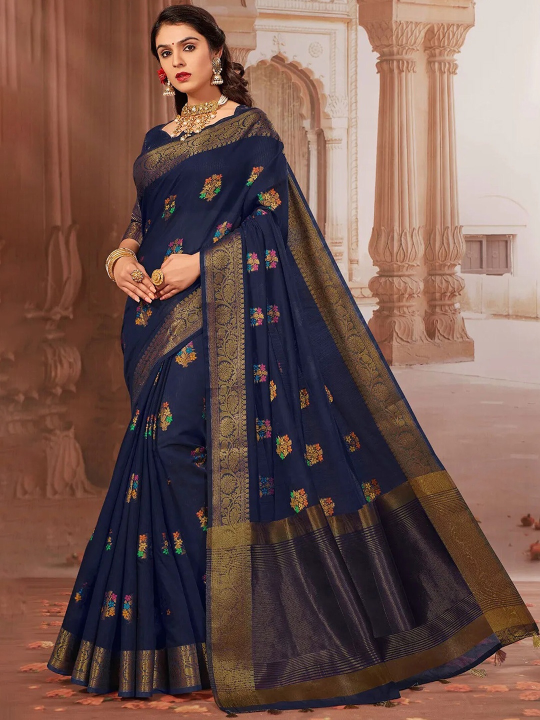 

GAJARAI Floral Woven Design Zari Chanderi Saree, Navy blue