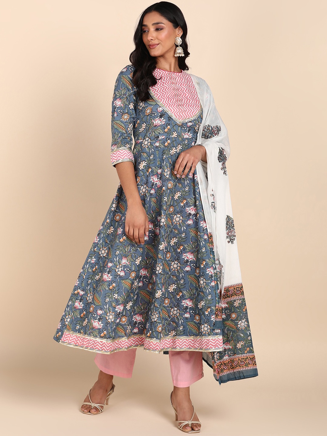 

Maaesa Ethnic Motifs Printed Gota Patti Cotton A-Line Kurta With Dupatta, Blue