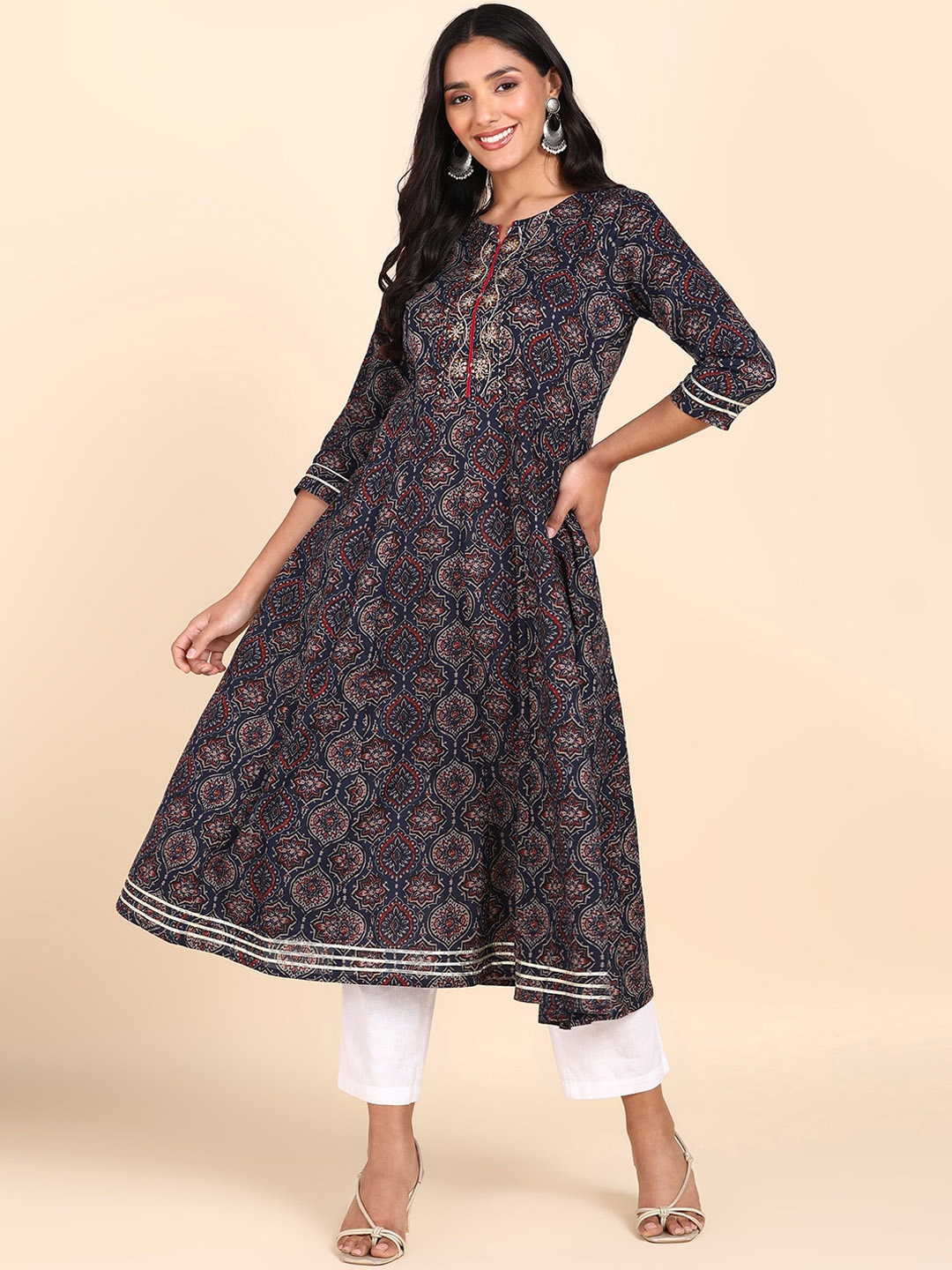 

Maaesa Ethnic Motifs Printed A-Line Kurta, Navy blue