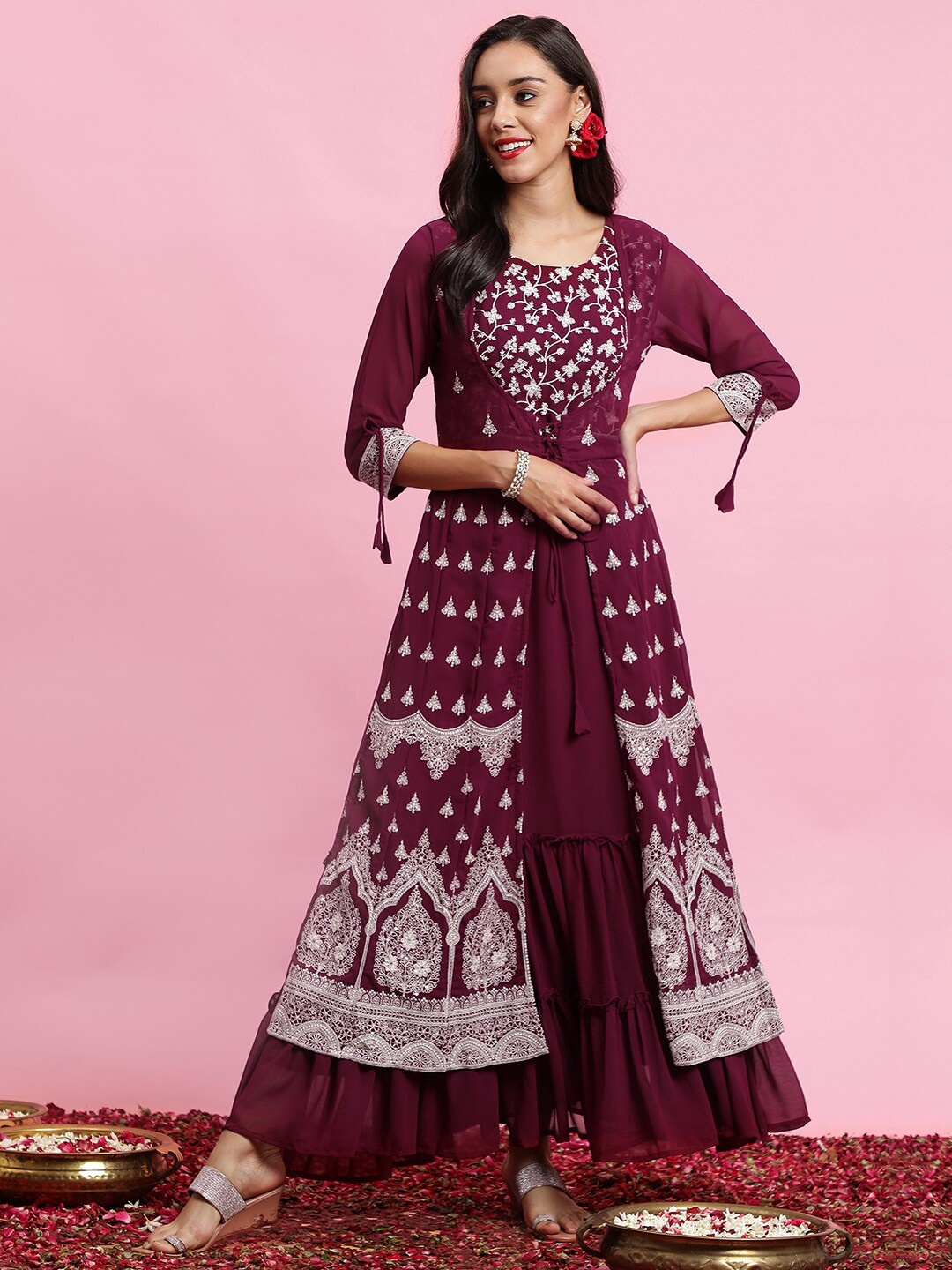 

Indo Era Floral Embroidered Layered Georgette Maxi Ethnic Dress, Maroon