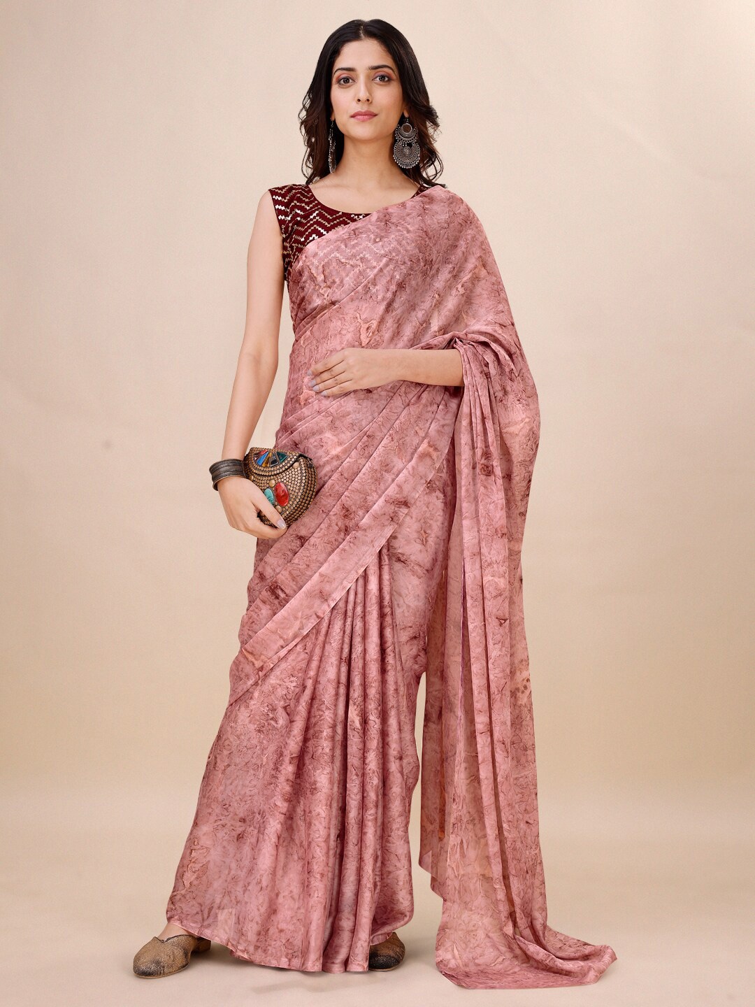 

ORUS Abstract Printed Pure Georgette Saree, Pink