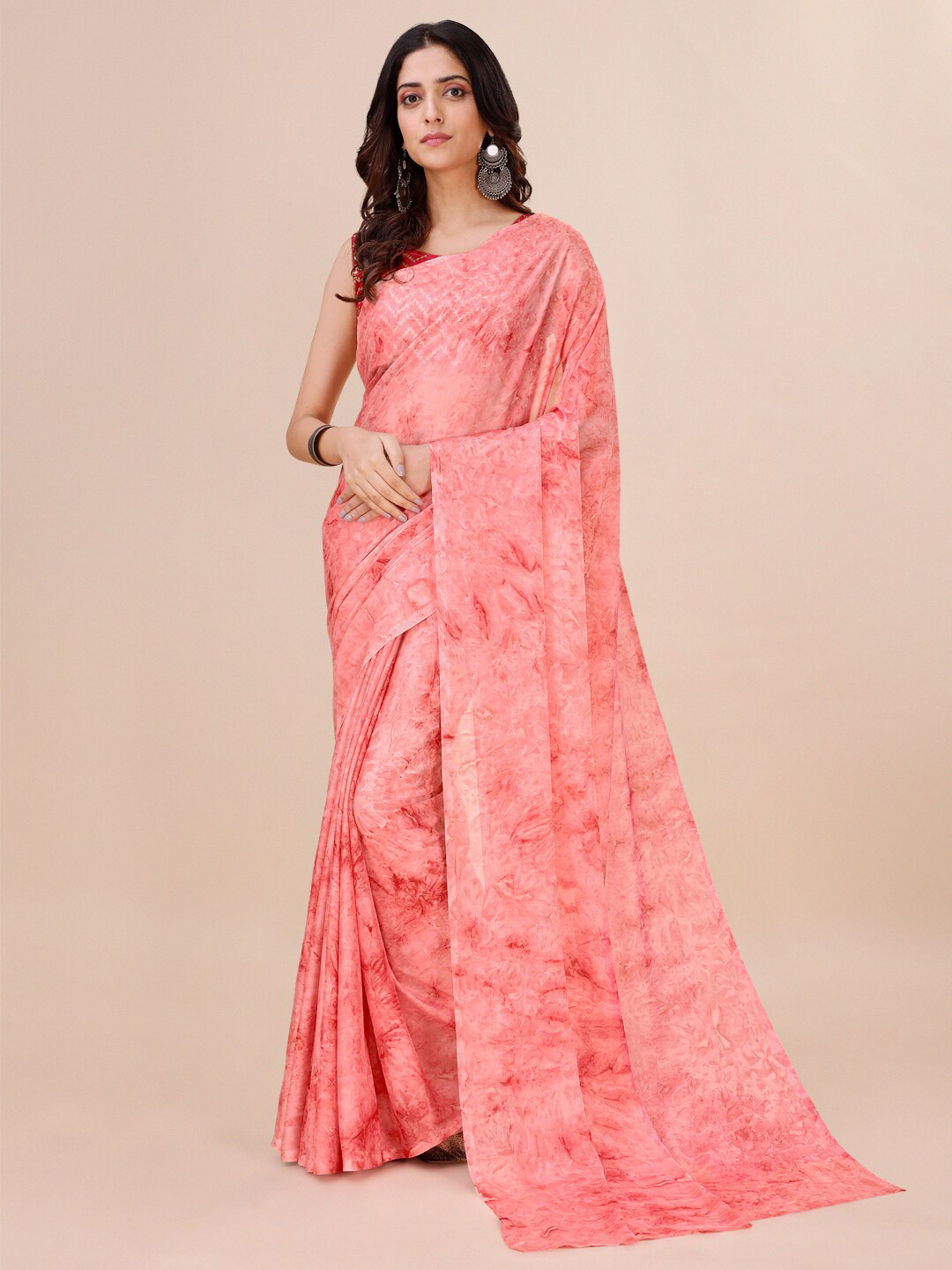 

ORUS Abstract Printed Pure Georgette Saree, Pink