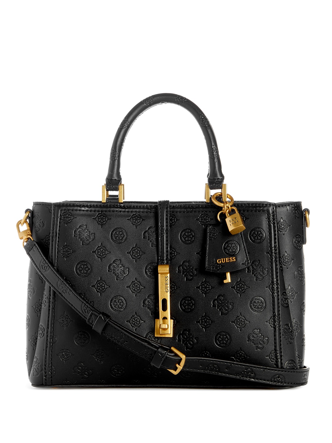 

GUESS Brand Logo Textured Structured Handheld Bag, Black