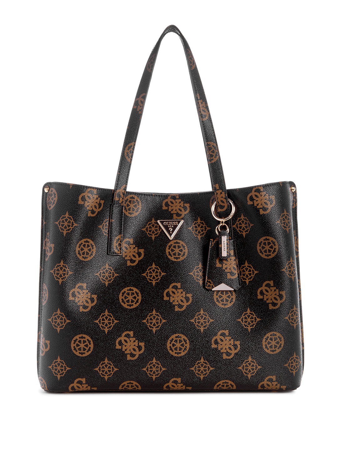 

GUESS Brand Logo Printed Structured Shoulder Bag, Coffee brown