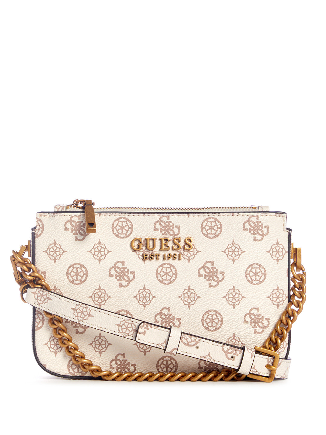 

GUESS Brand Logo Printed Structured Sling Bag, Cream