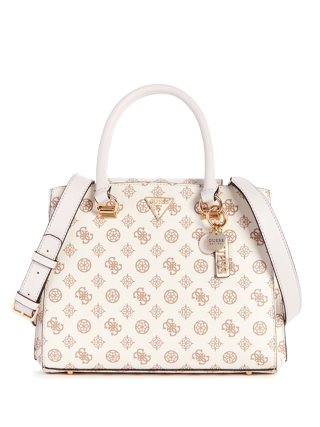 

GUESS Brand Logo Printed Structured Handheld Bag, Cream