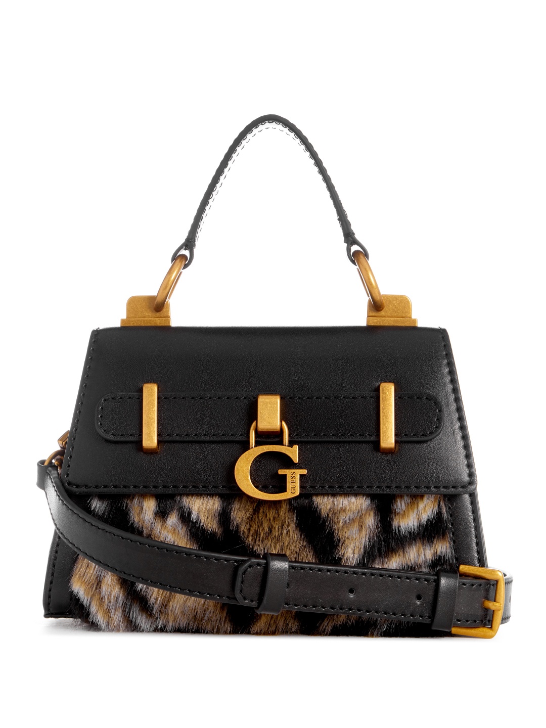 

GUESS Faux Fur Detail Structured Satchel, Black