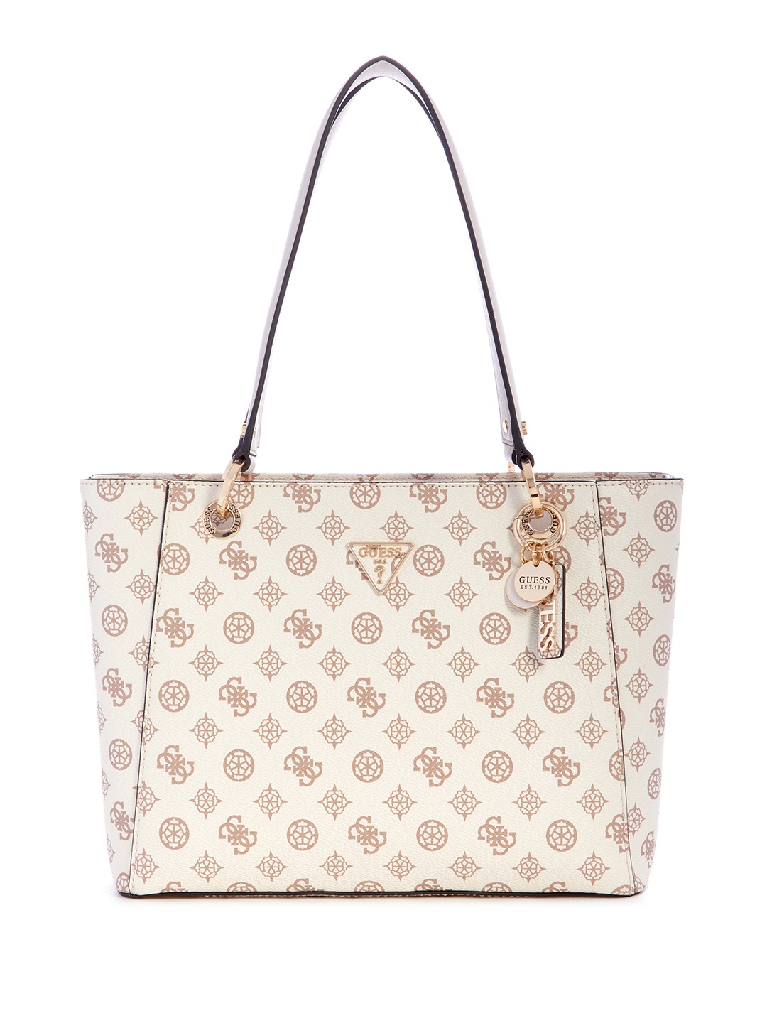 

GUESS Brand Logo Printed Structured Shoulder Bag, Beige