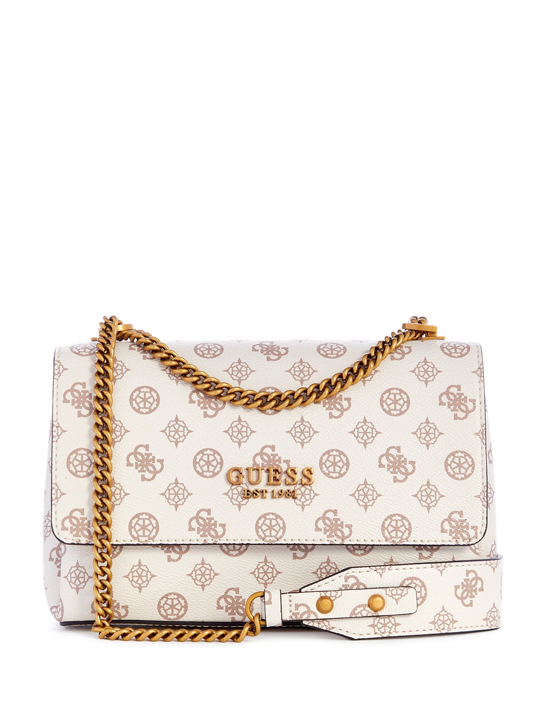 

GUESS Brand Logo Printed Structured Sling Bag, Cream