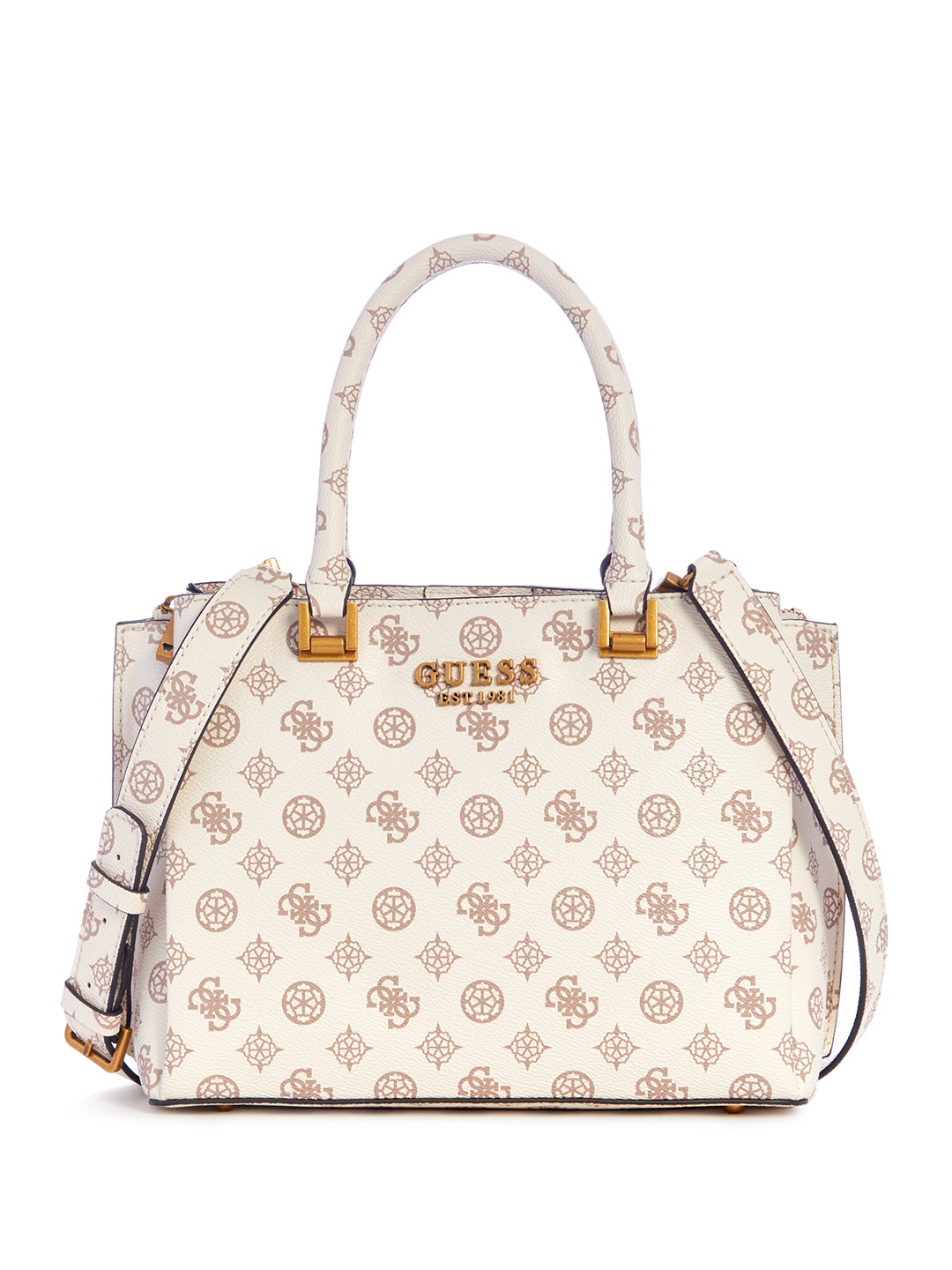 

GUESS Brand Logo Printed Structured Handheld Bag, Cream