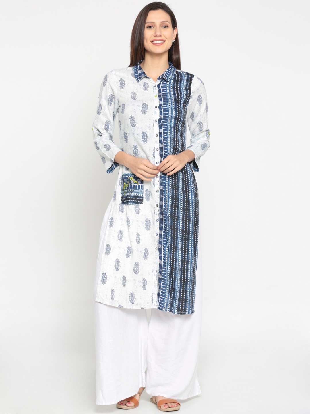 

Melange by Lifestyle Women White & Blue Printed Straight Kurta