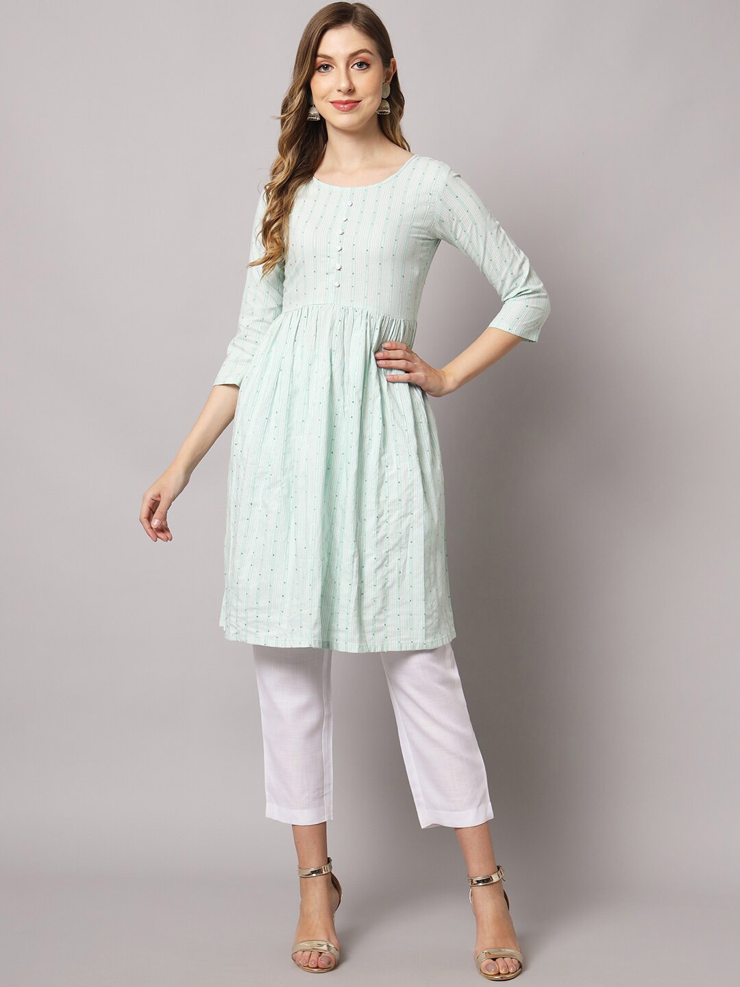 

Sun Fashion And Lifestyle Striped Sequinned Kurta with Trousers, Green