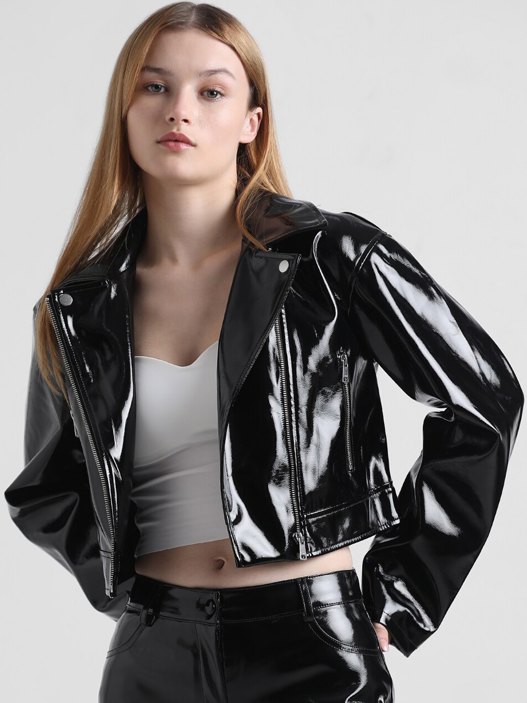 

ONLY Biker Jacket with Patchwork, Black