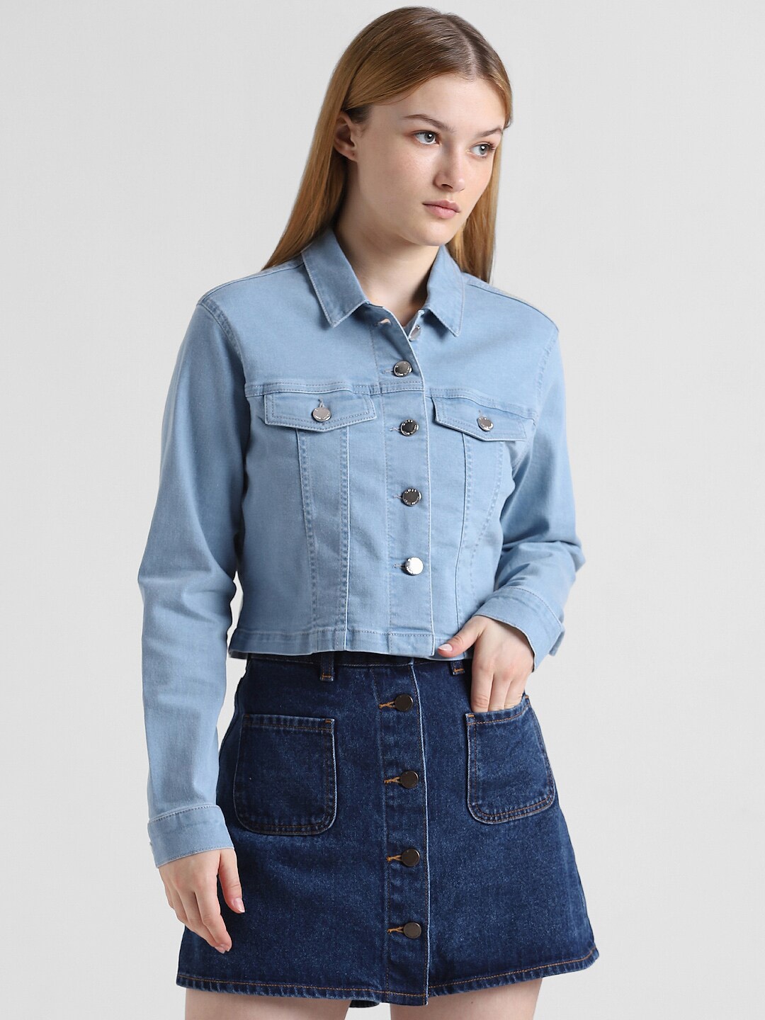 

ONLY Spread Collar Crop Denim Jacket, Blue