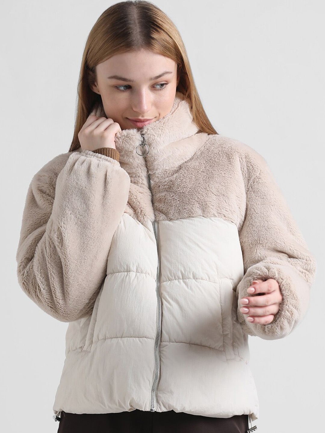 

ONLY Mock Neck Longline Puffer Jacket, Cream