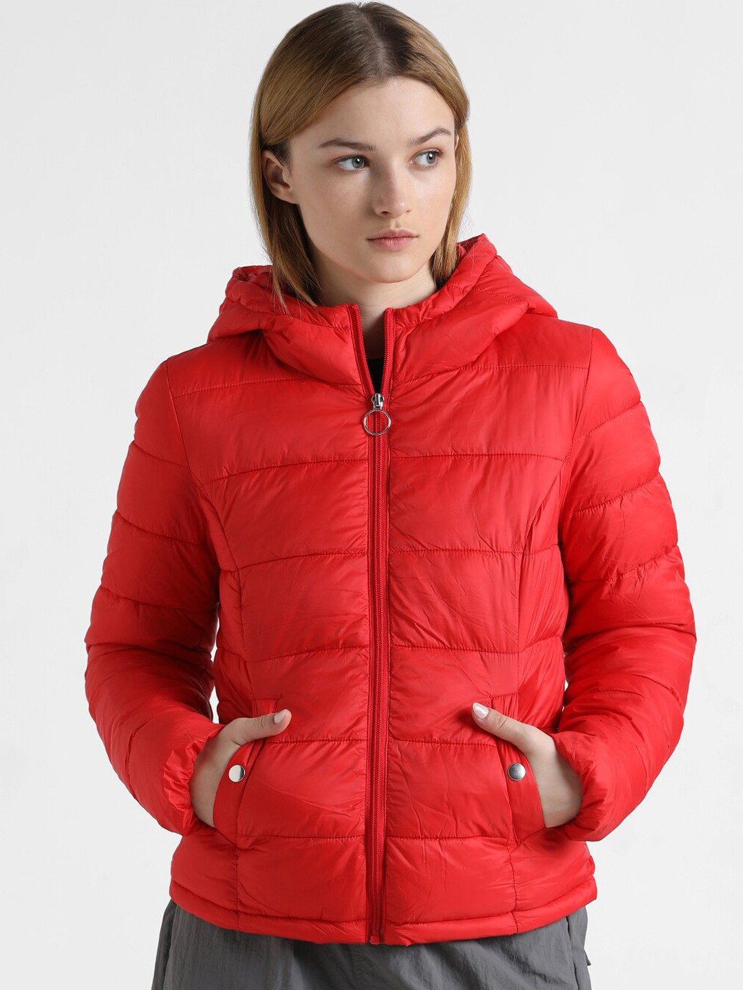 

ONLY Geometric Checked Puffer Jacket, Red