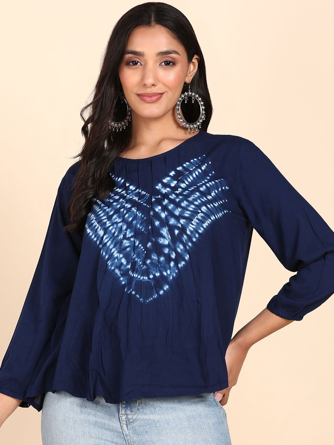 

Maaesa Tie and Dye Round Neck Pleated A-Line Top, Blue