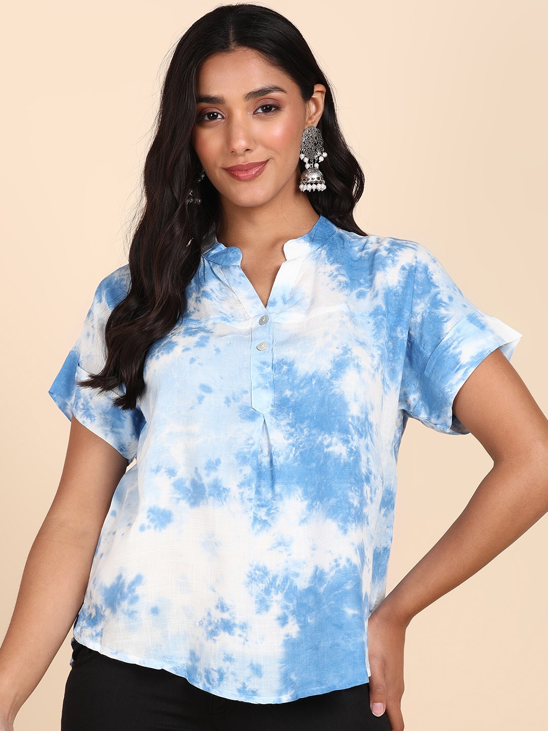 

Maaesa Tie and Dye Mandarin Collar Extended Sleeves Regular Top, Blue