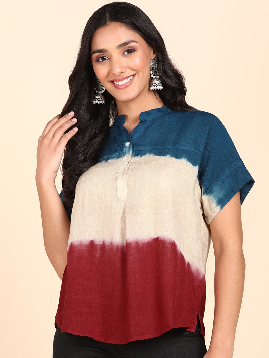 

Maaesa Ombre Mandarin Collar Extended Sleeves Regular Top, Off white