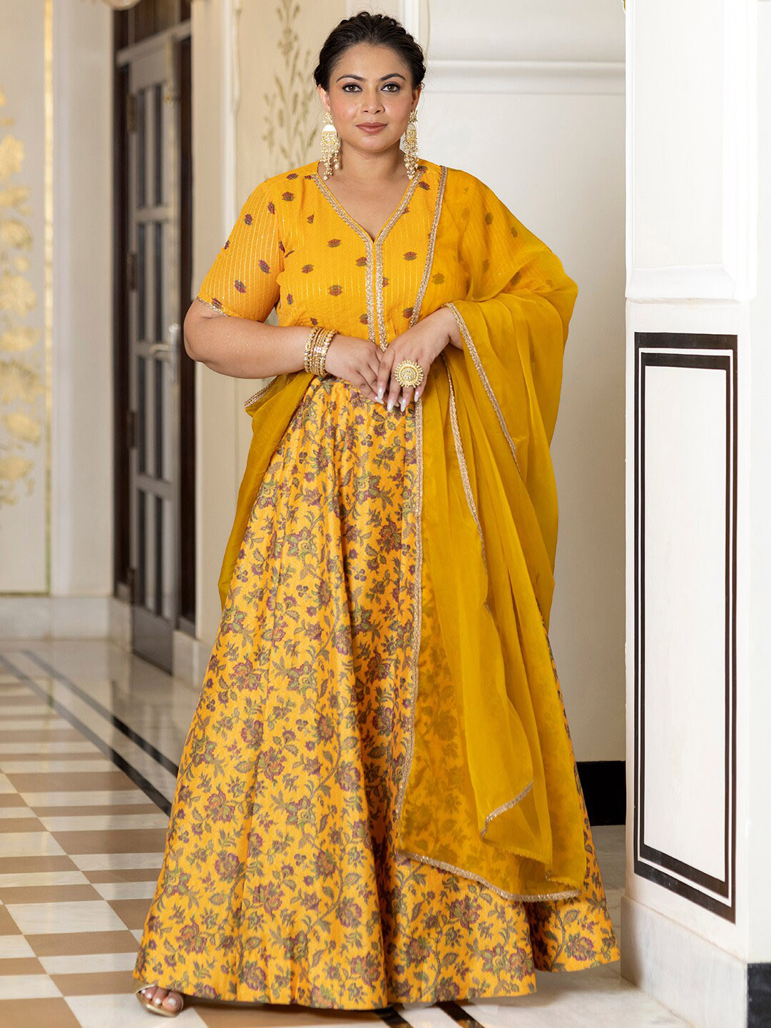 

Janasya Plus Size Printed Ready to Wear Lehenga & Blouse With Dupatta, Mustard