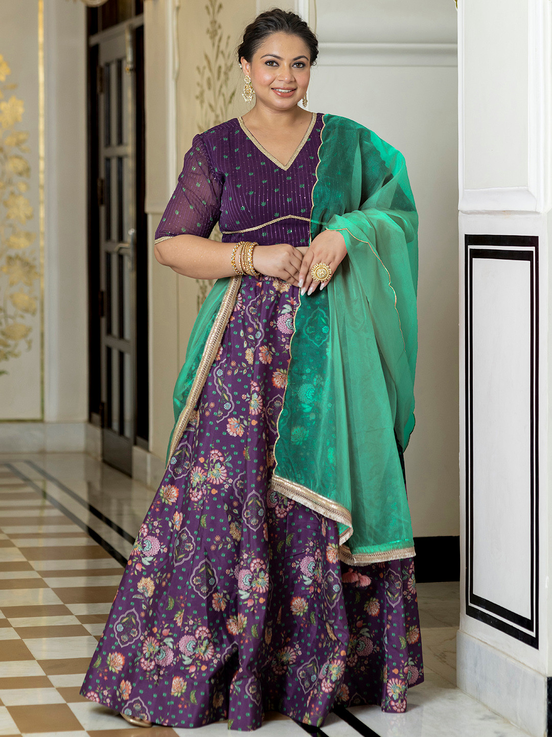 

Janasya Plus Size Printed Ready to Wear Lehenga & Blouse With Dupatta, Purple
