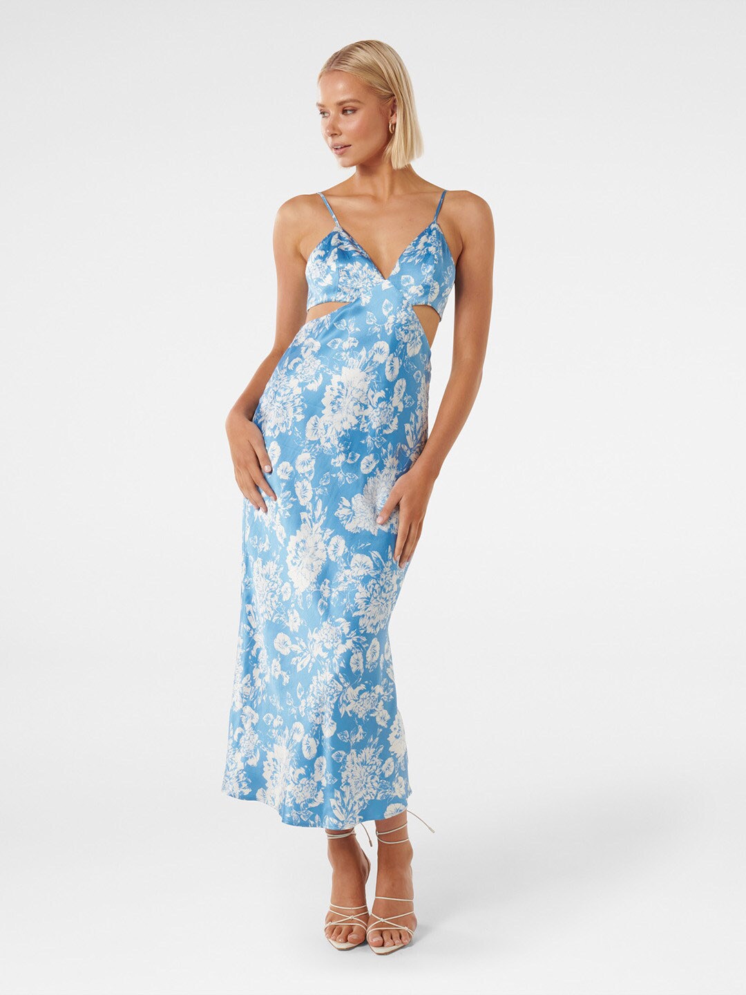 

Forever New Floral Printed Shoulder Straps Cut-Outs Detail A-Line Maxi Dress, Blue