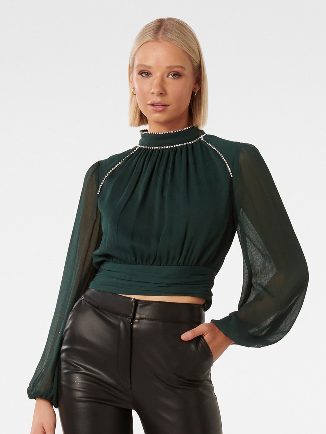 

Forever New Embellished High Neck Puff Sleeve Blouson Crop Top, Green