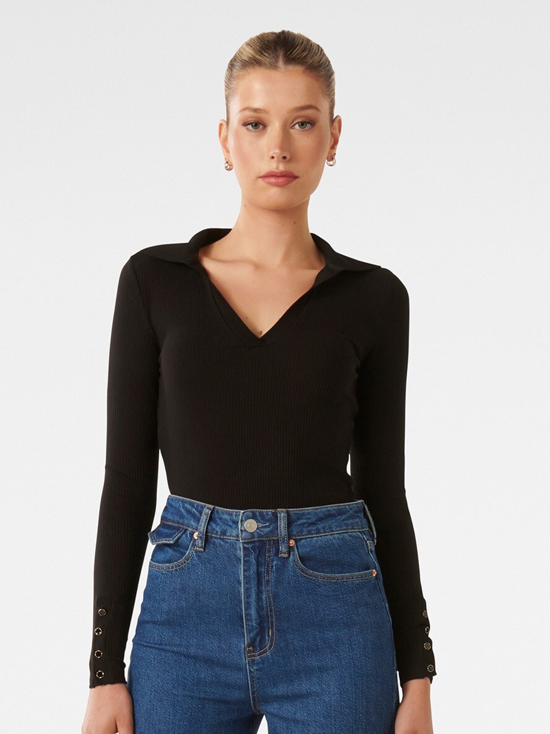 

Forever New Shirt Collar Knitted Fitted Top, Black