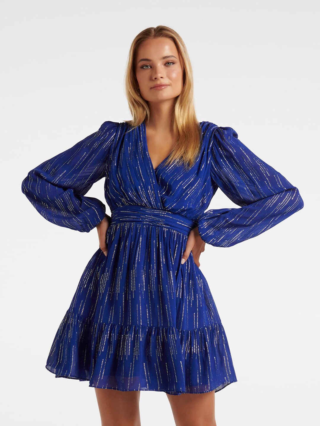 

Forever New Self Design V-Neck Puff Sleeve Smocked Fit & Flare Dress, Navy blue