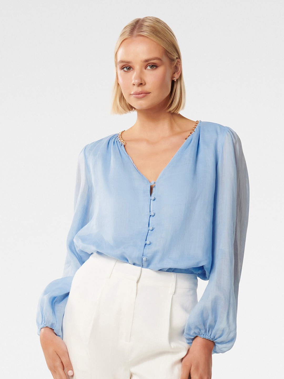 

Forever New Puff Sleeved V-Neck Top, Blue