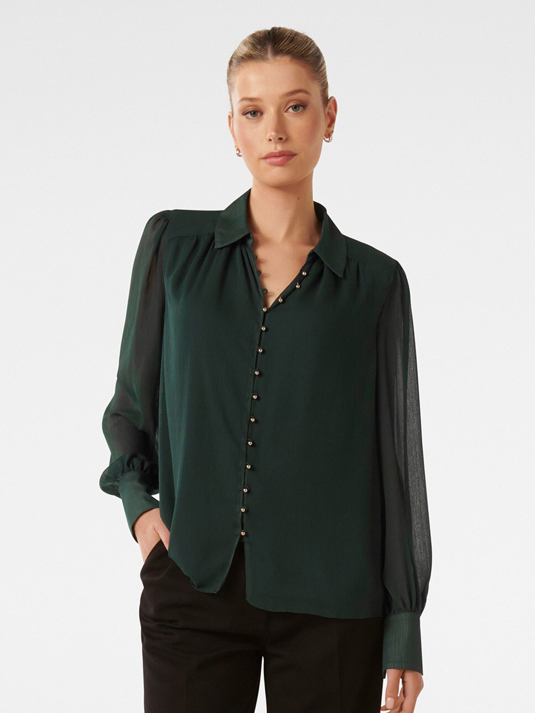 

Forever New Shirt Collar Cuffed Sleeves Shirt Style Top, Green