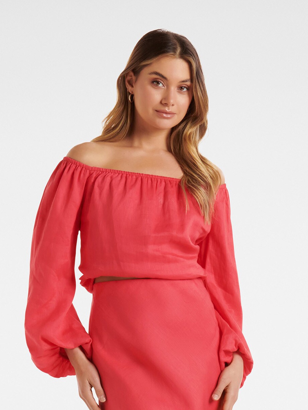 

Forever New Off-Shoulder Puff Sleeve Linen Bardot Top, Red
