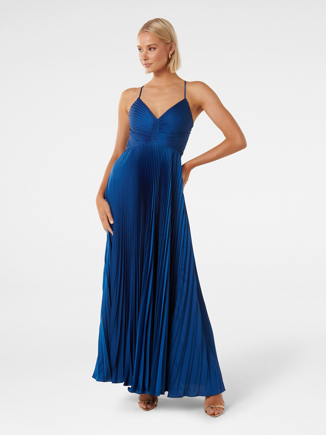 

Forever New Shoulder Straps Pleated Satin Maxi Dress, Navy blue