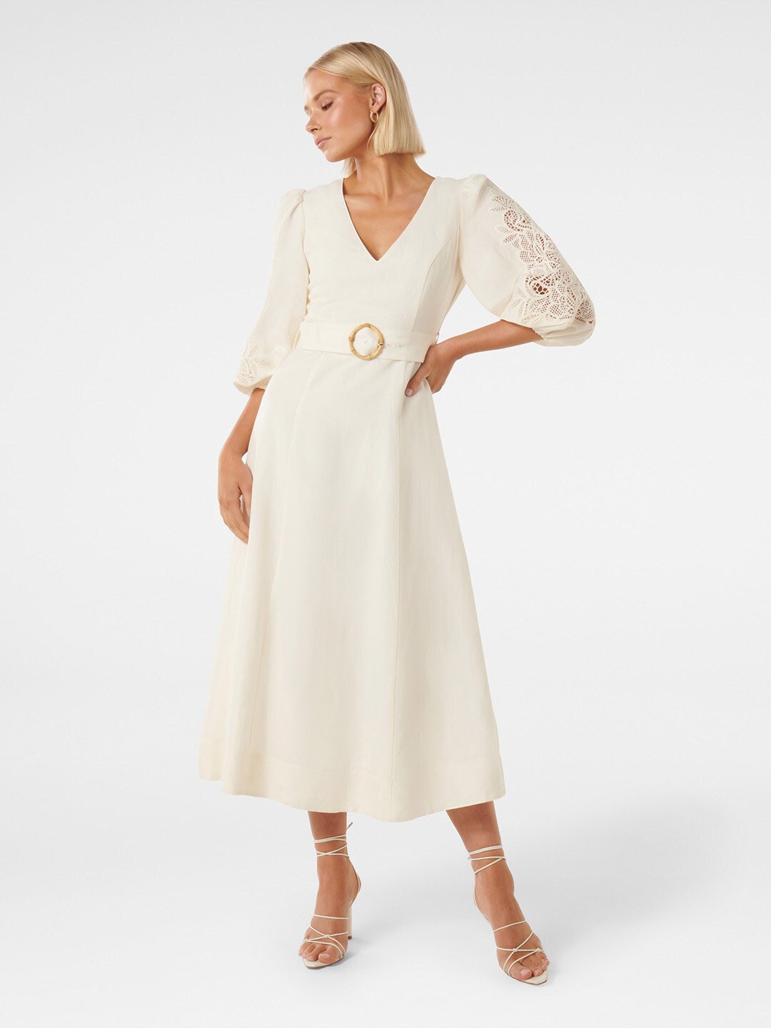 

Forever New Floral Laced V-Neck Puff Sleeves Fit & Flare Midi Dress With A Belt, White