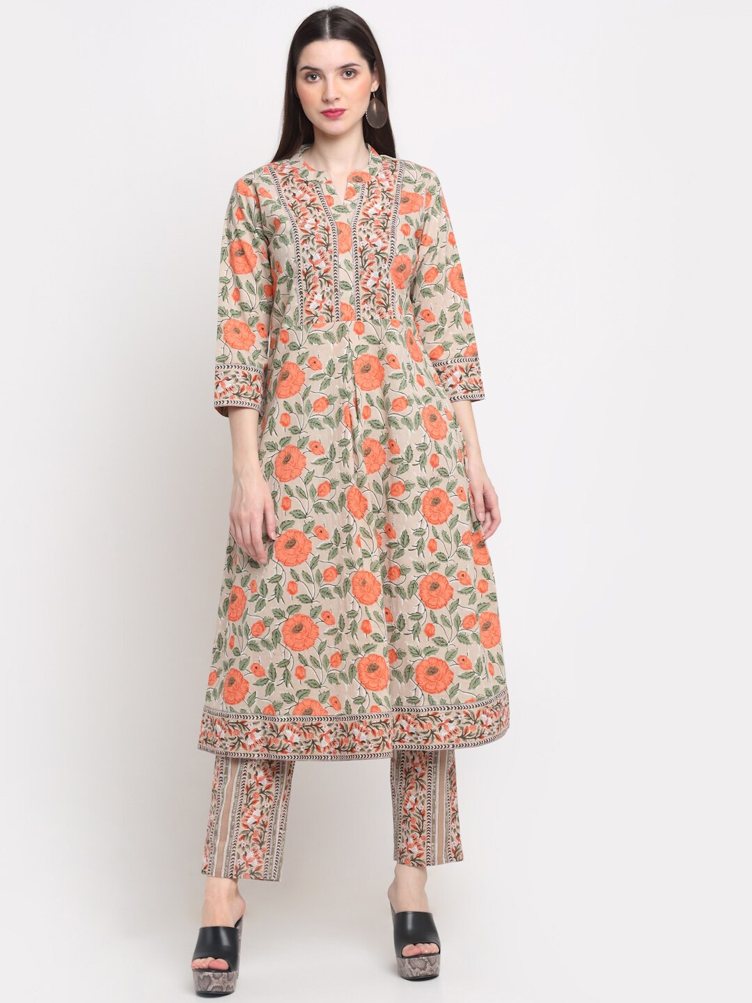 

KALINI Floral Printed Pure Cotton Kurta with Trousers & Dupatta, Beige