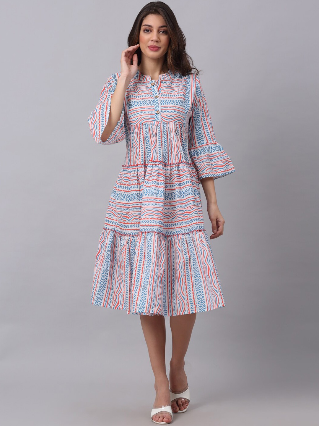 

KALINI Printed Bell Sleeves Mandarin Collar Gathered Tiered A-Line Cotton Ethnic Dresss, White