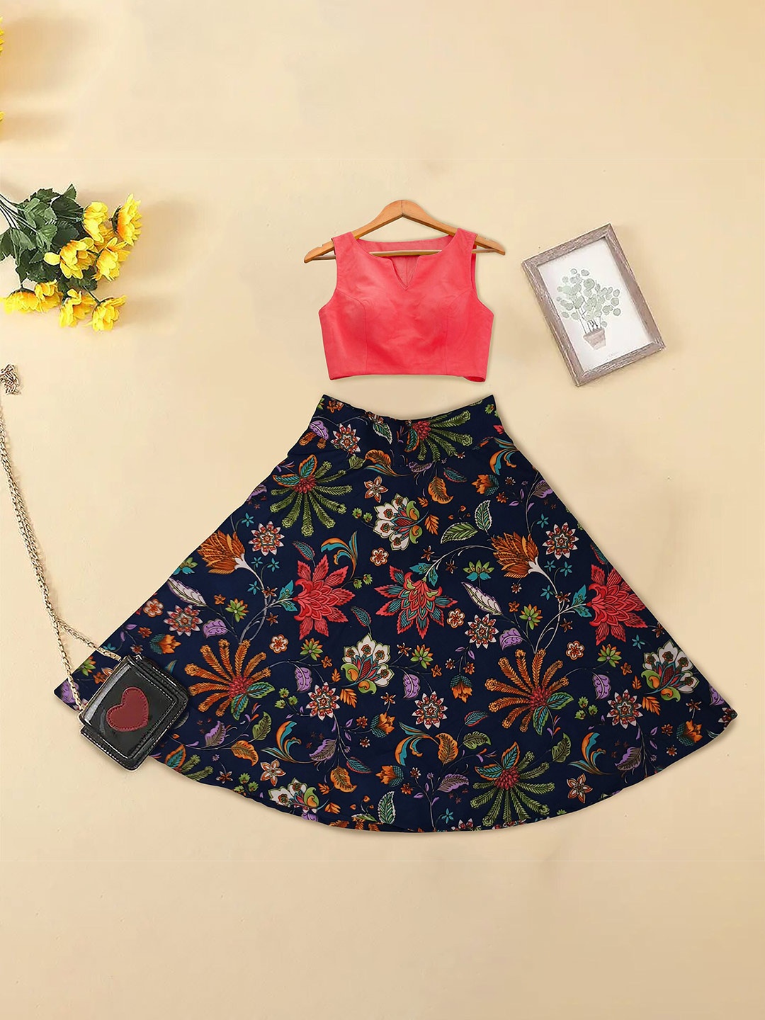 BAESD Girls Printed Semi-Stitched Lehenga & Unstitched Choli, Navy blue